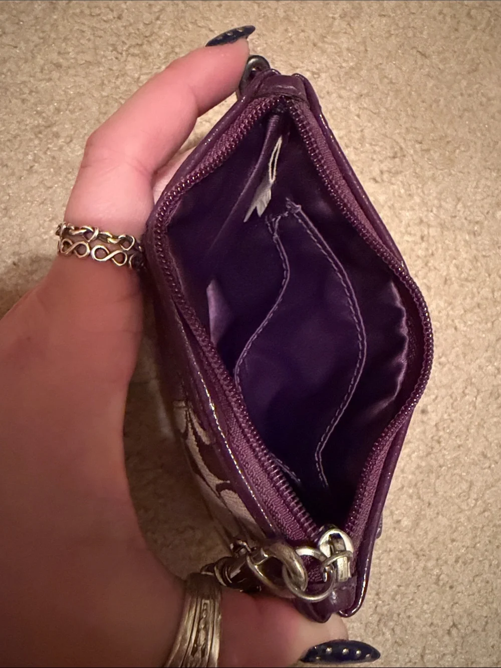 Coach Brown Signature Canvas Wristlet with Plum Trim